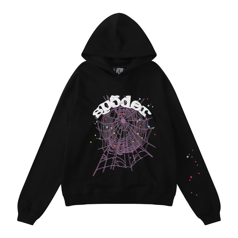 The Sp5der Web Hoodie – Black 440GSM Heavyweight Core Streetwear Edition features a white spider text logo above a large purple web graphic on the front plus colorful stars along one sleeve, making it the perfect standout streetwear hoodie.