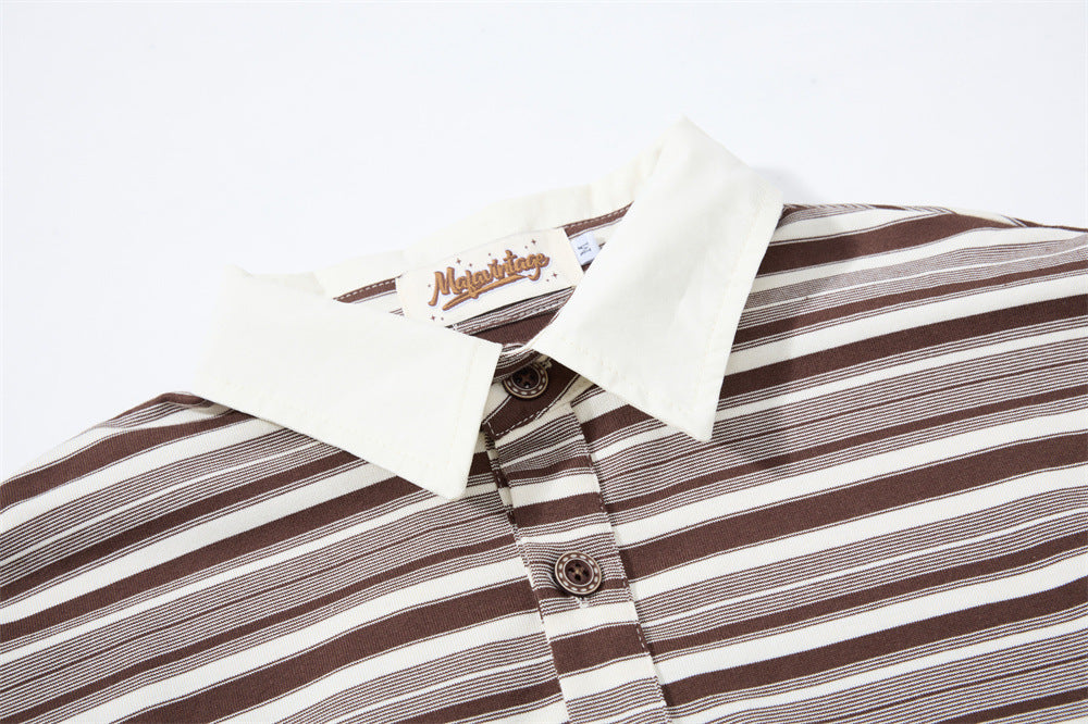 Striped Faux Two-Piece Polo Shirt – Relaxed Fit Long Sleeve with Contrast Woven