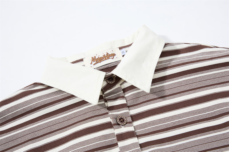 Striped Faux Two-Piece Polo Shirt – Relaxed Fit Long Sleeve with Contrast Woven