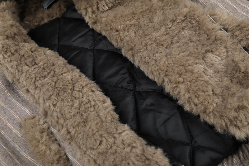 Pinstripe Zip-Up Bomber Jacket with Sherpa Collar & Pocket Trim