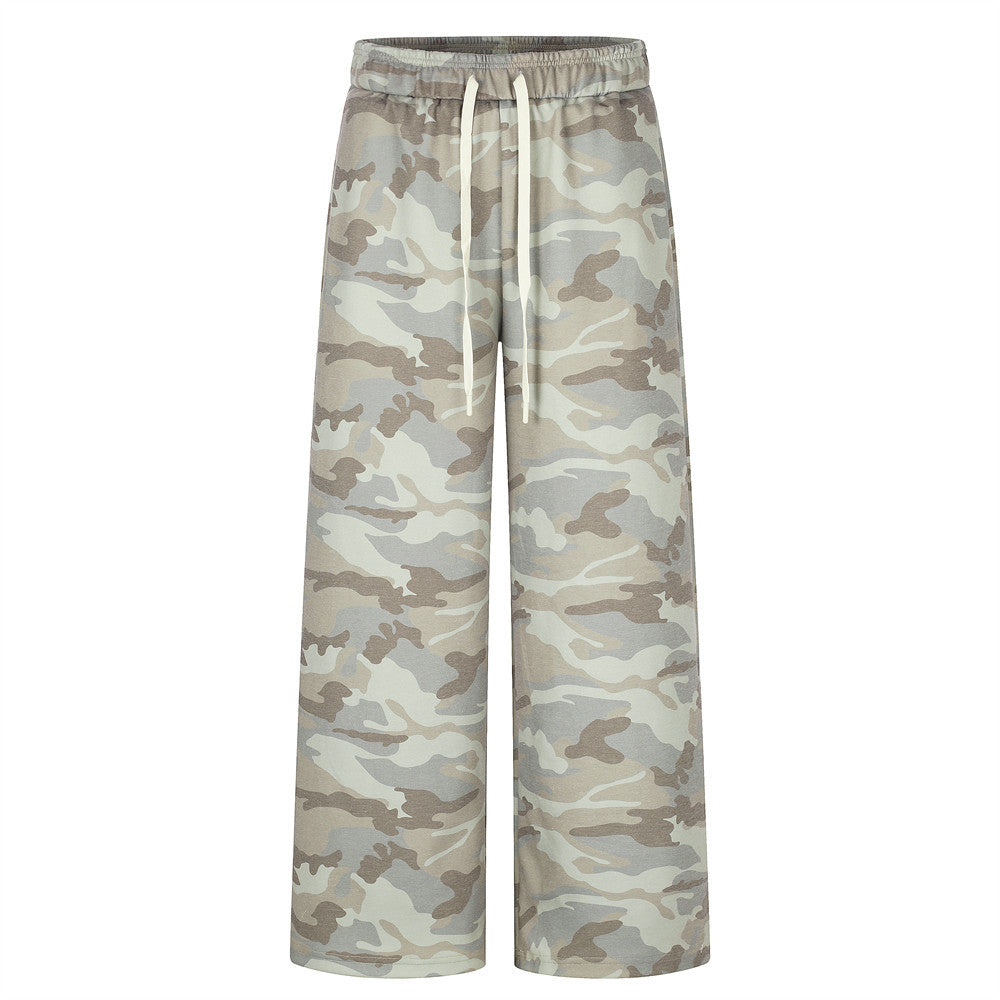 Pantalon de survêtement homme à jambes larges, camouflage désert, cordon de serrage et taille élastiquée, vues de face et de dos
