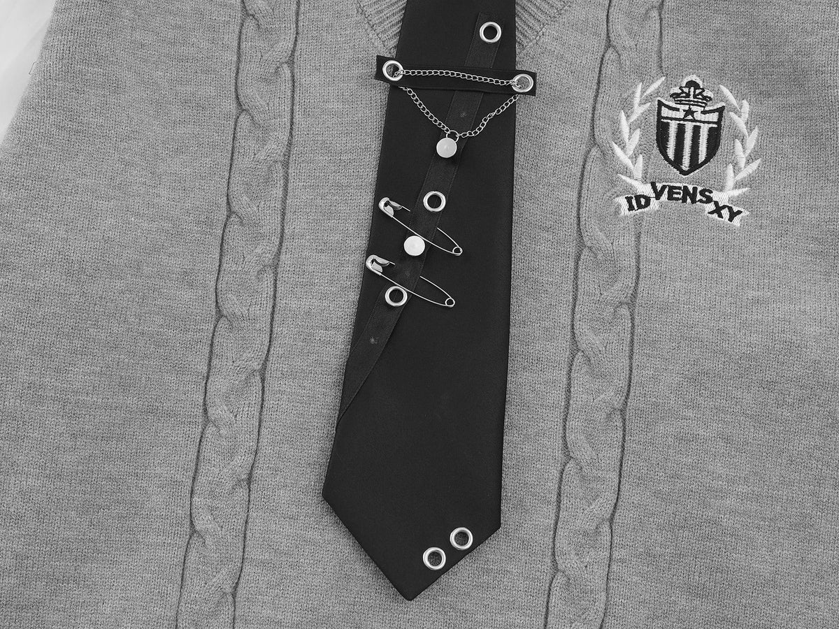 Cable Knit Sweater Vest Layered Shirt with Tie – Collegiate Preppy Style