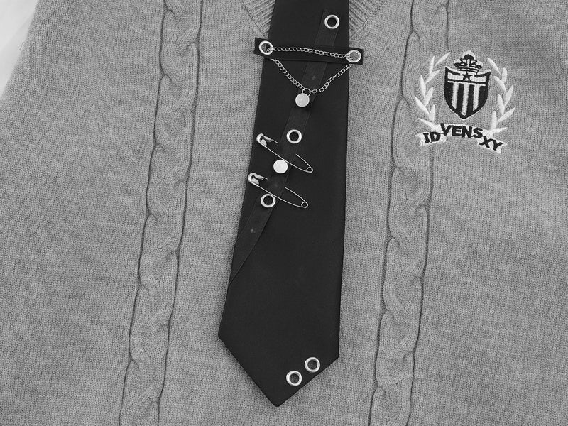 Cable Knit Sweater Vest Layered Shirt with Tie – Collegiate Preppy Style