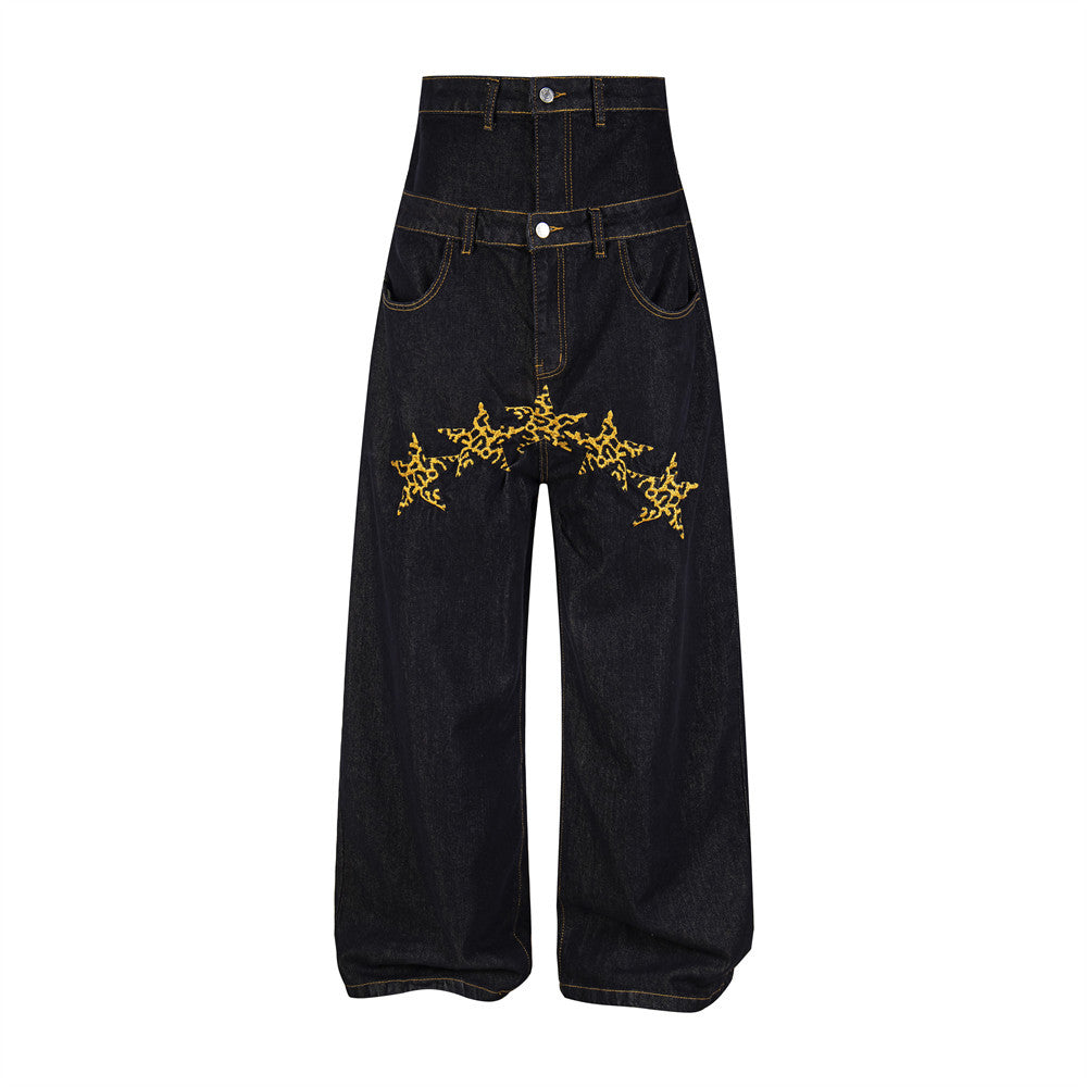 High-Waist Wide-Leg Jeans with Star Embroidery – Double Waistband Baggy Fit