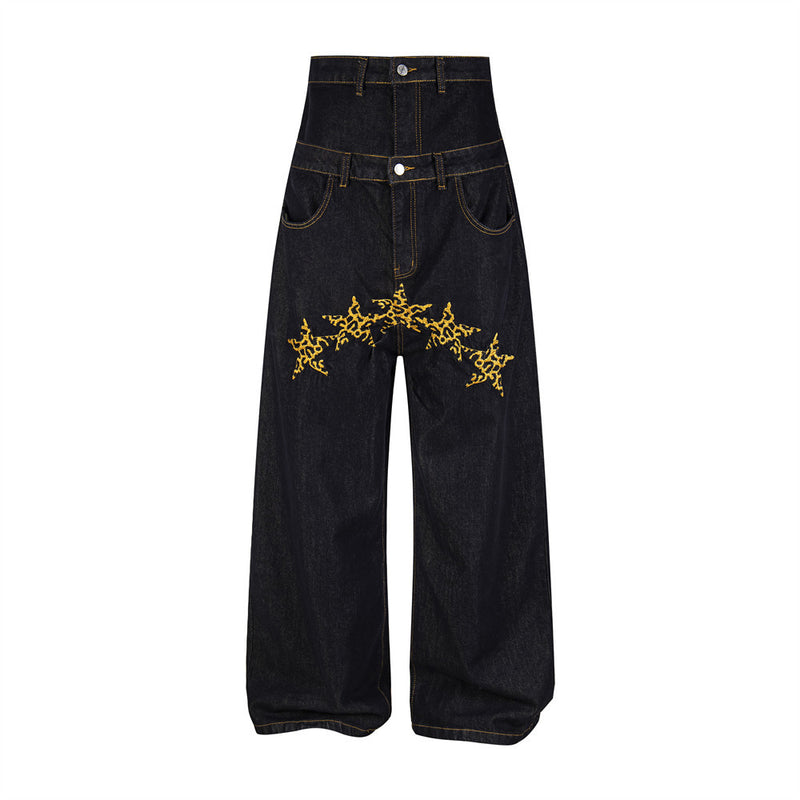 High-Waist Wide-Leg Jeans with Star Embroidery – Double Waistband Baggy Fit