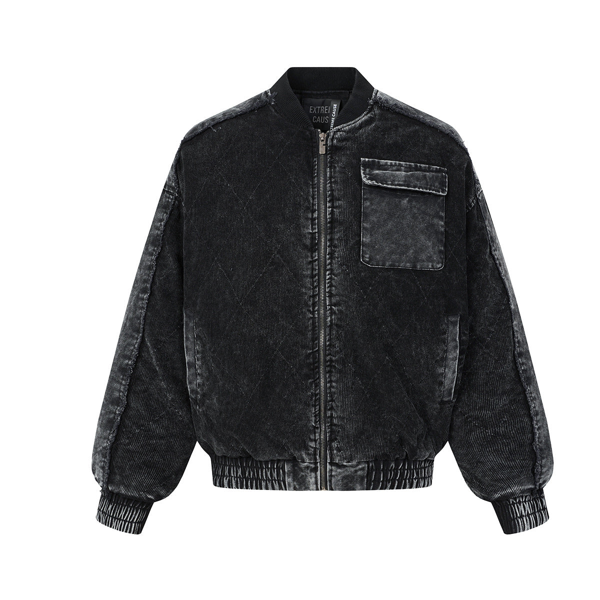 Quilted Corduroy Bomber Jacket – Acid-Washed Raw-Edge Baseball Jacket