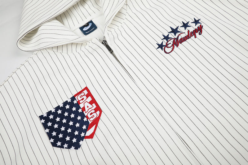 Pinstripe Zip-Up Hoodie with American Flag Embroidery & Script Sleeve Print