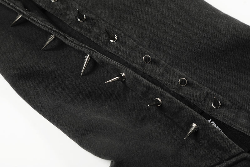 Hoodie noir zippé avec pointes métalliques et fini délavé — Streetwear heavy metal