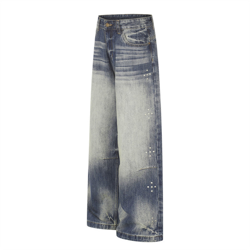 Wide-Leg-Baggy-Jeans – Vintage-Gradient-Wash mit Nieten-Details