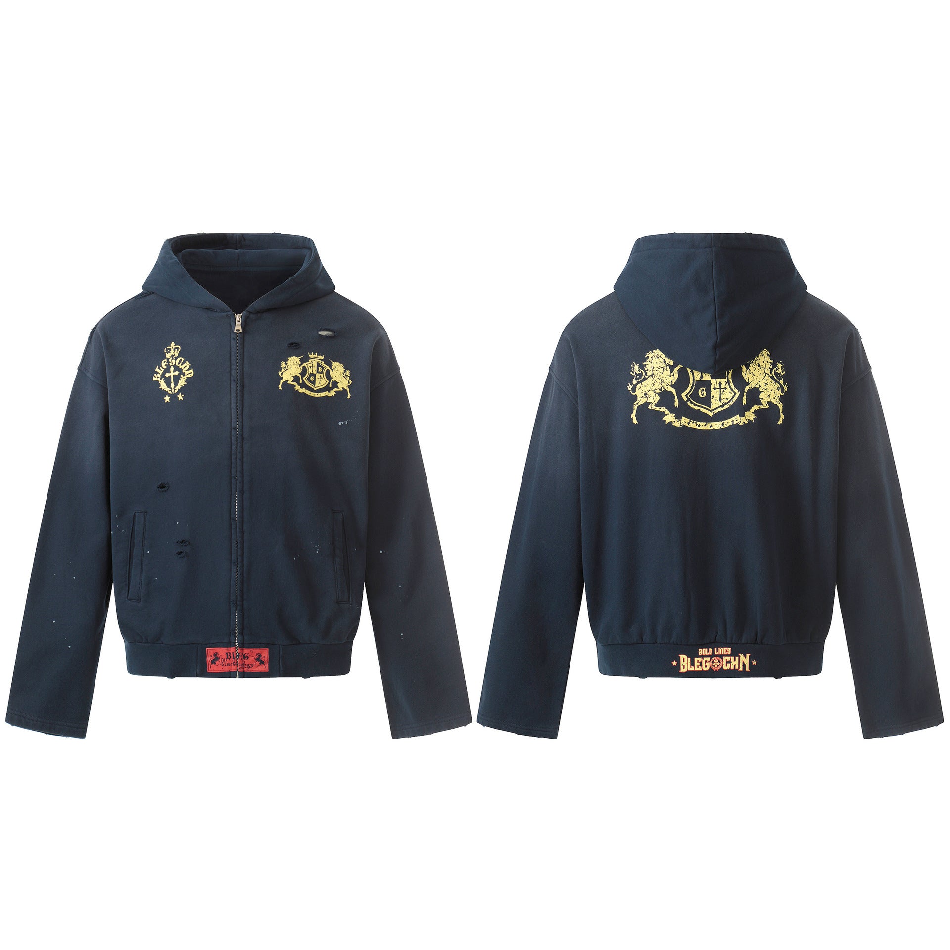 Distressed Zip-Hoodie in Navy mit goldenem Wappen und Löwen-Grafiken, Vorder- und Rückansicht