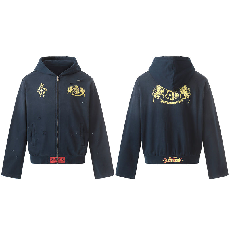 Distressed Zip-Hoodie in Navy mit goldenem Wappen und Löwen-Grafiken, Vorder- und Rückansicht