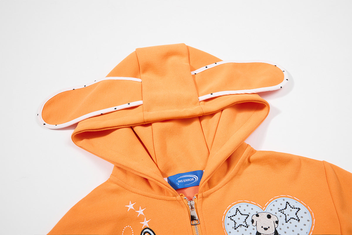 Sweat à capuche graphique bleu marine – Sweat cropped zippé avec écusson chien cartoon