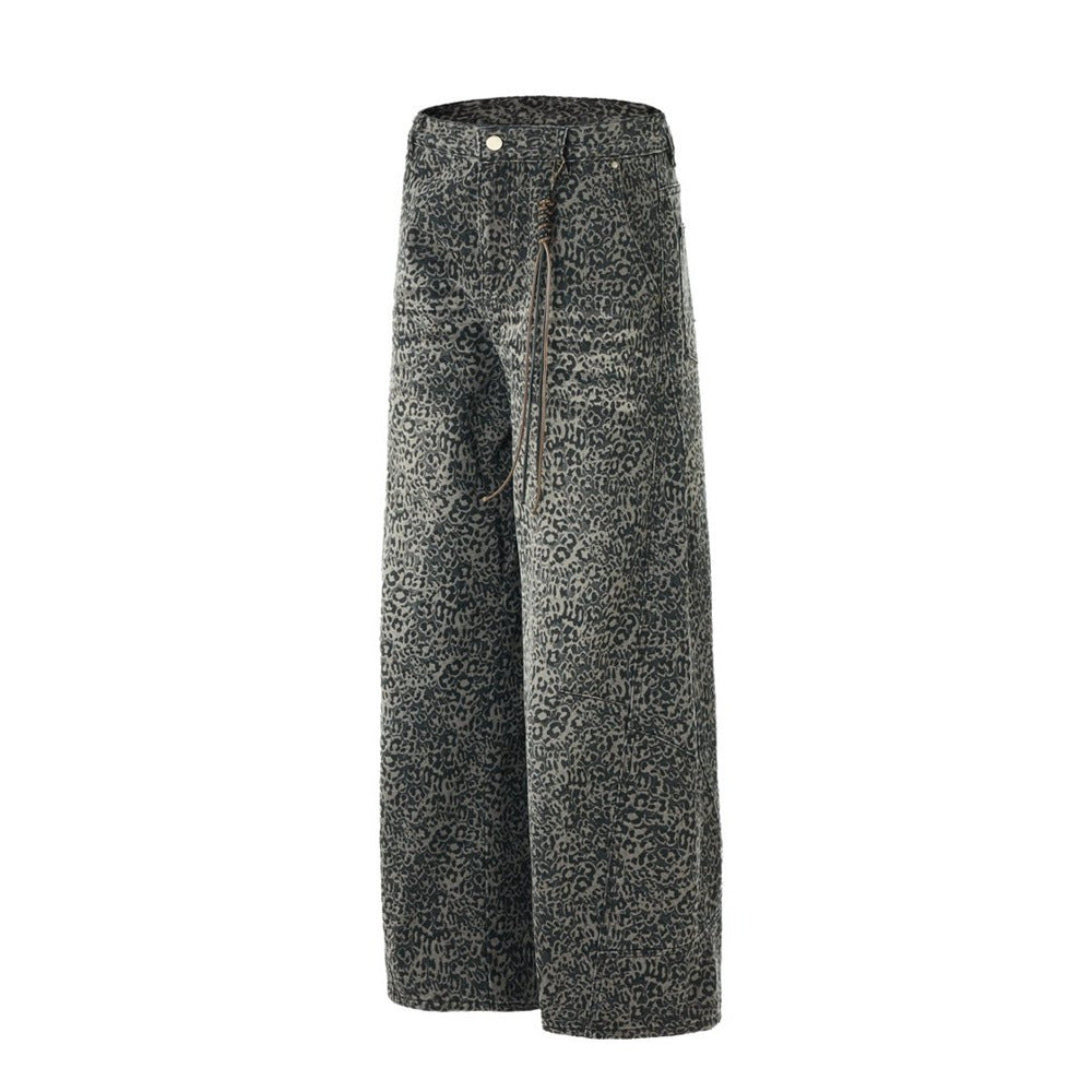 Leopard Print Wide-Leg Jeans – Vintage Washed Oversized Baggy Denim Pants