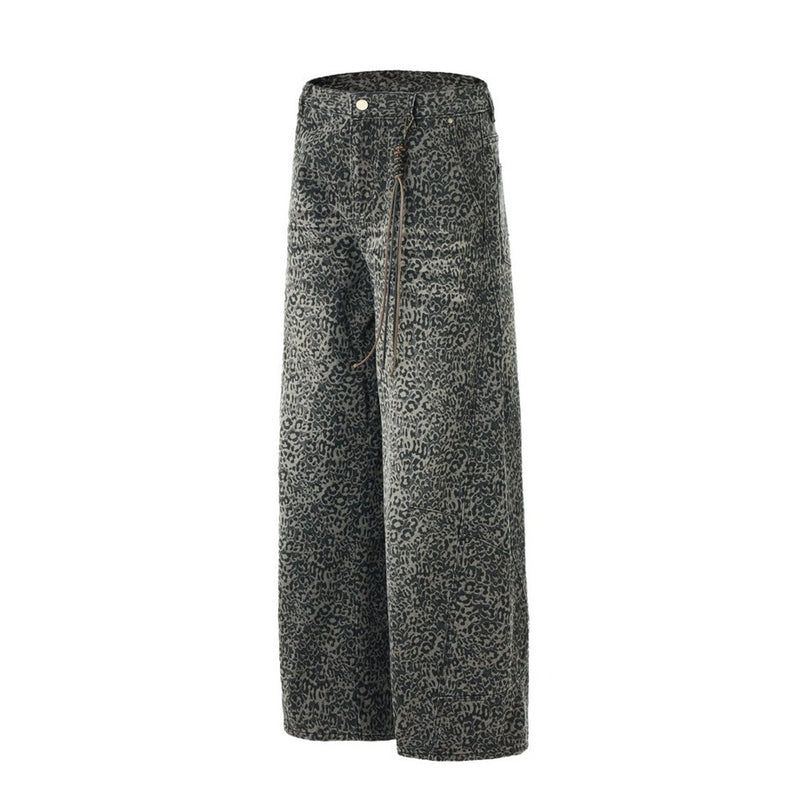 Leopard Print Wide-Leg Jeans – Vintage Washed Oversized Baggy Denim Pants