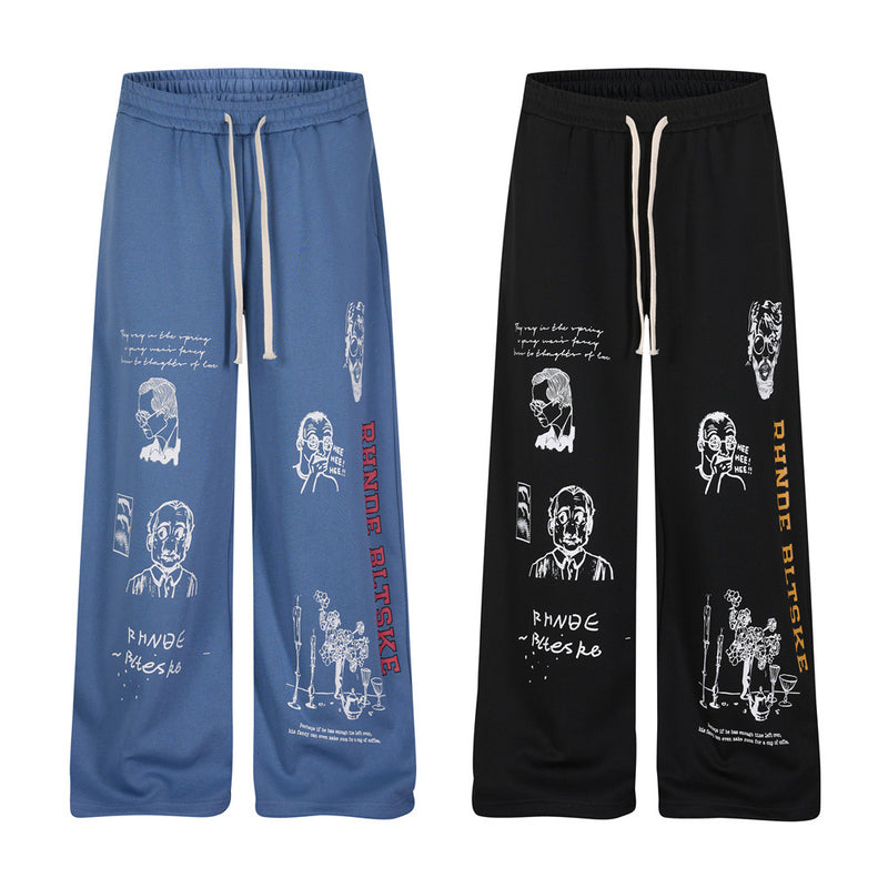 Abstract Portrait Graphic Wide-Leg Sweatpants – Men's Loose Fit Hip-Hop Street