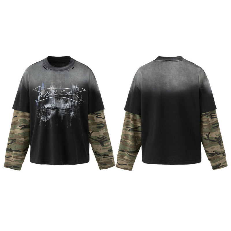 Oversized Faux-Layer Long Sleeve Tee with Camo Splice & Distressed Washed Print
