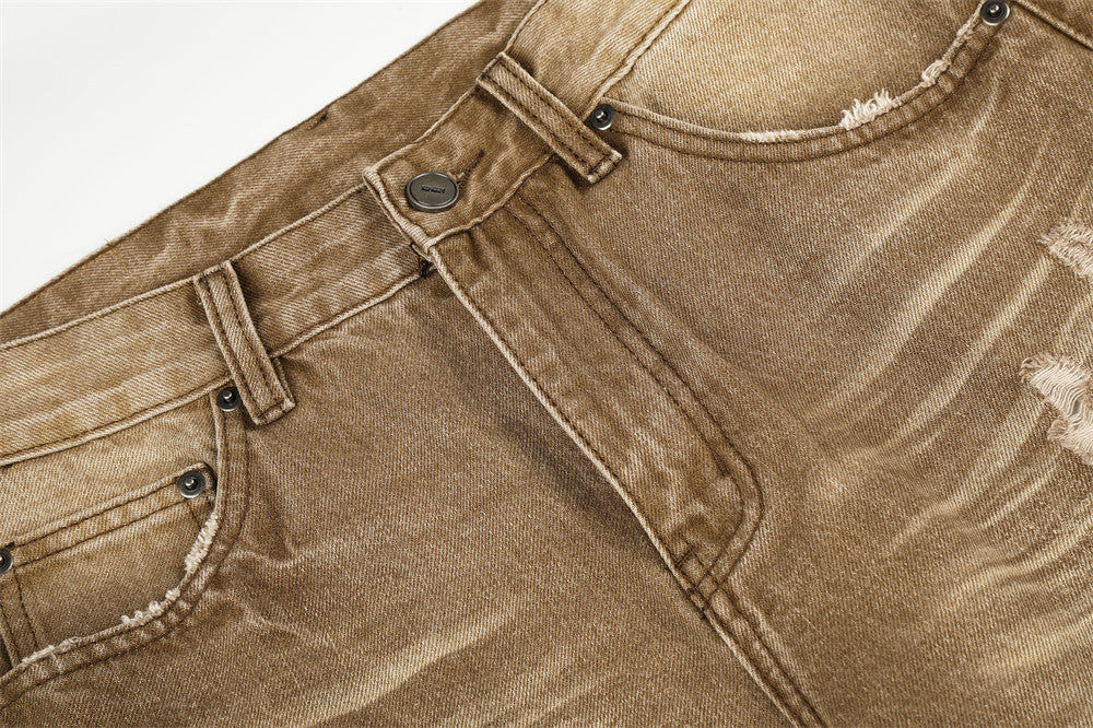 Men's Distressed Wide-Leg Flare Jeans – Vintage Sand-Washed Brown Denim