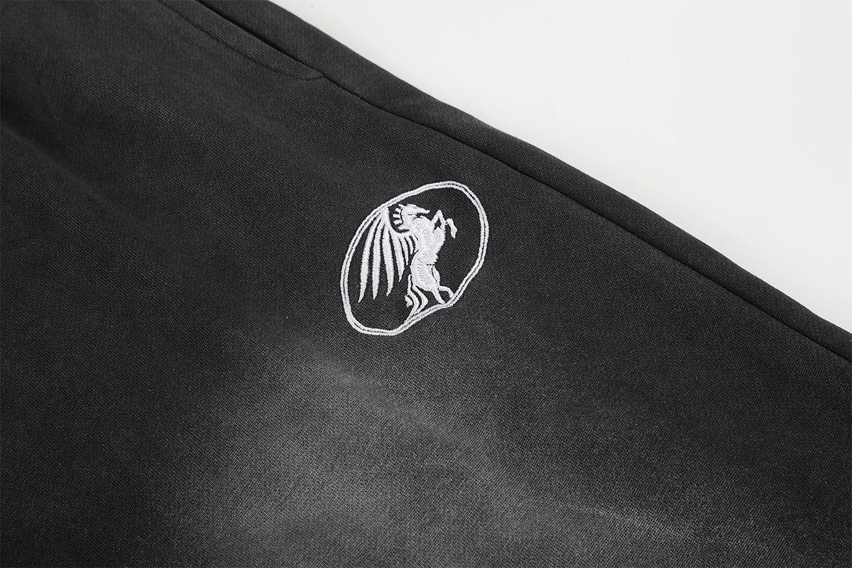 Pantalon de survêtement wide leg – Baggy streetwear américain noir délavé et brodé
