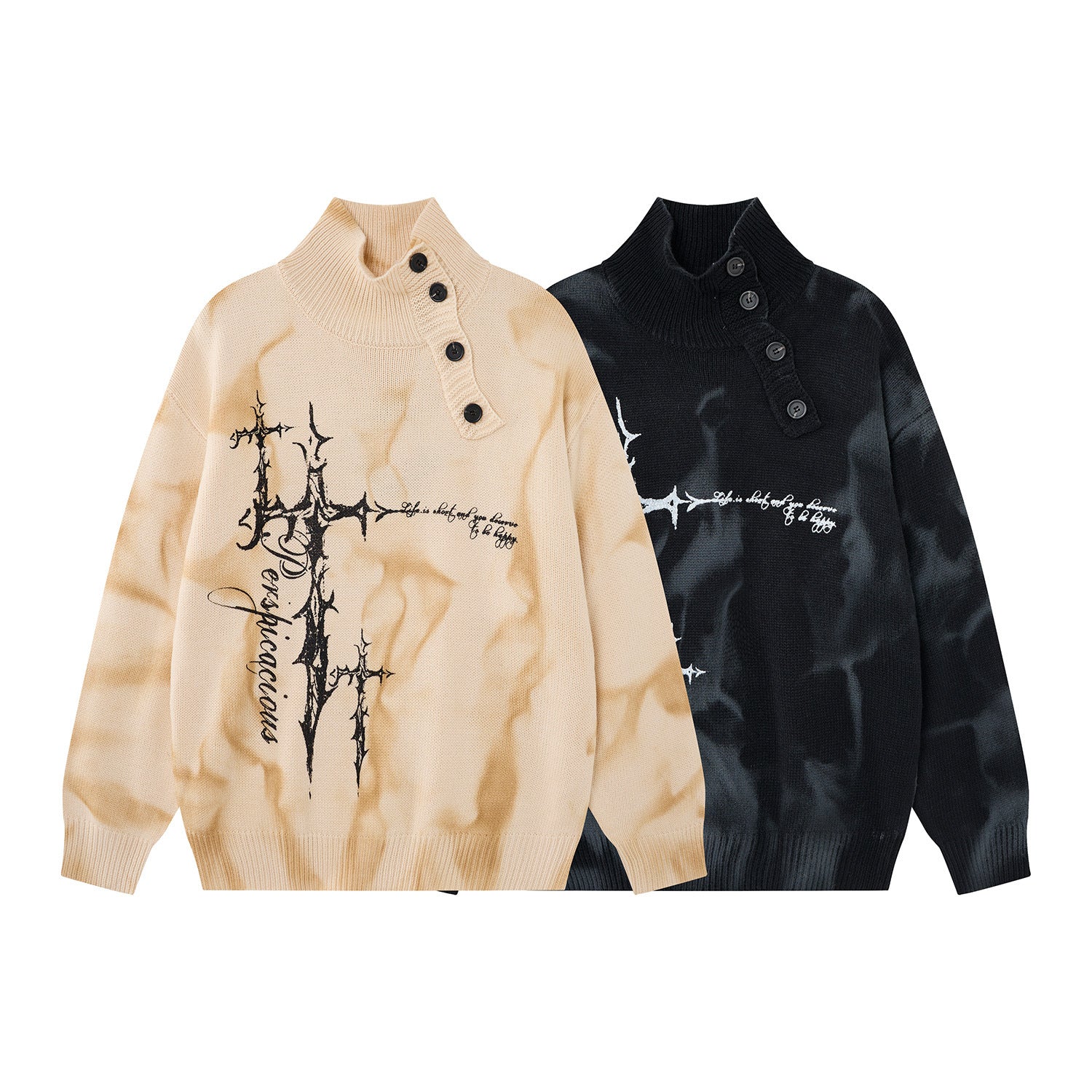 Pull col roulé en maille tie-dye gothique – Croix épineuse, boutons diagonaux