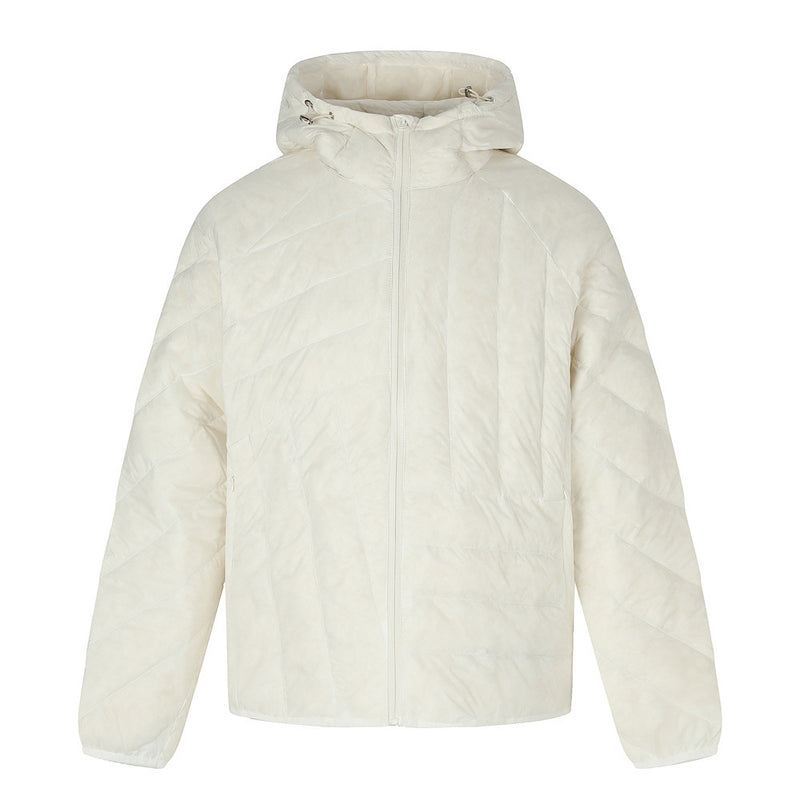 Men's Hooded Puffer Jacket – Irregular Quilted Stitch Design, Ivory & Black