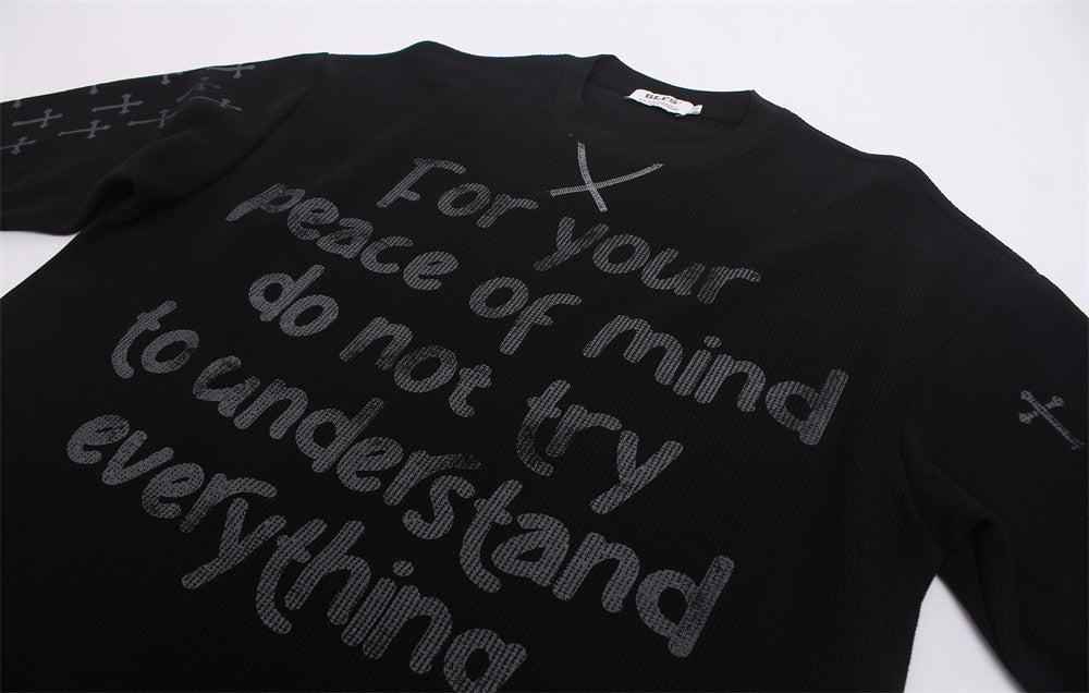 Cross Print Waffle Knit Long Sleeve Crew Neck Tee – Oversized Streetwear Graphic