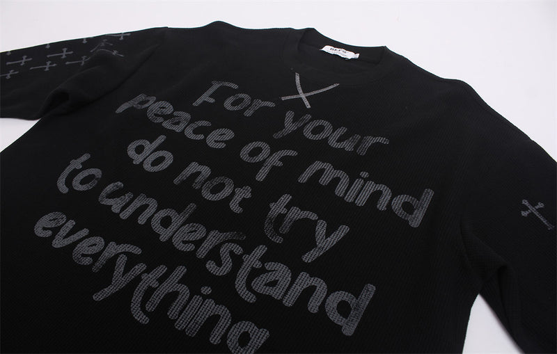 Cross Print Waffle Knit Long Sleeve Crew Neck Tee – Oversized Streetwear Graphic