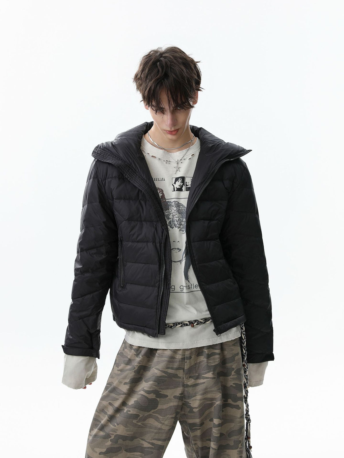Hooded Puffer Down Jacket – Quilted Winter Coat in Light Gray & Black