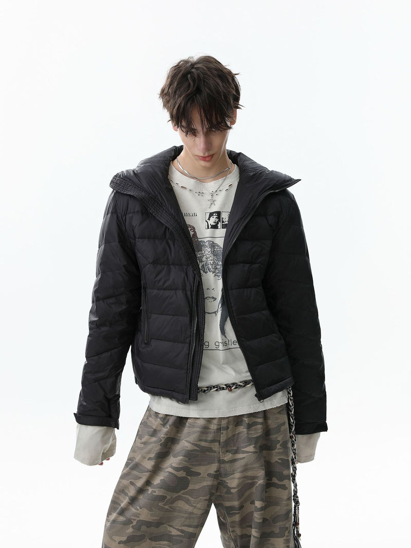 Hooded Puffer Down Jacket – Quilted Winter Coat in Light Gray & Black
