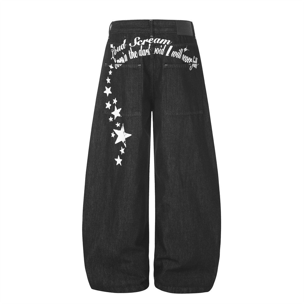 Jean barrel à jambes larges avec imprimé étoiles et script – Denim noir
