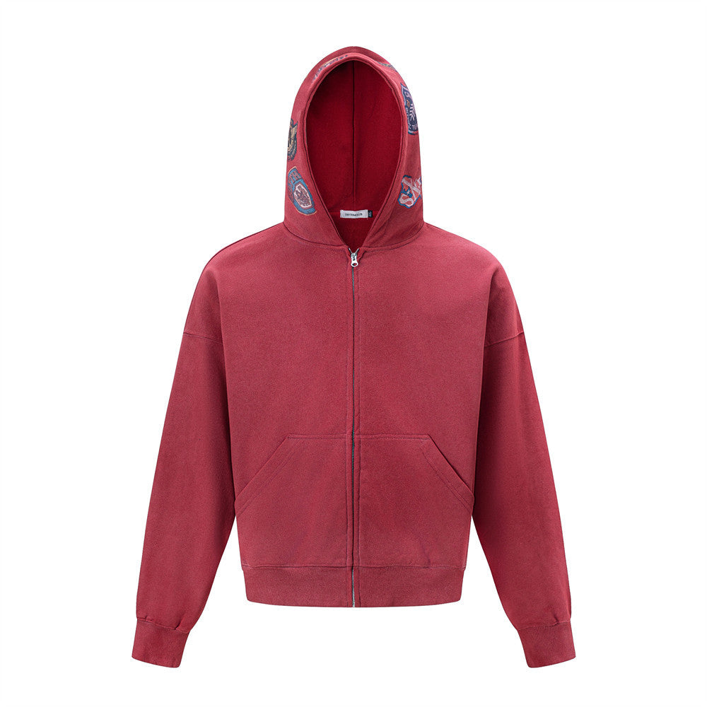 Vintage Patch Zip-Up Hoodie – Oversized Acid-Wash Streetwear Sweatshirt