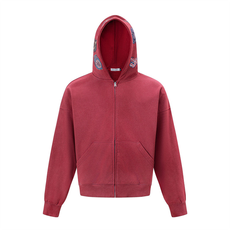 Vintage Patch Zip-Up Hoodie – Oversized Acid-Wash Streetwear Sweatshirt