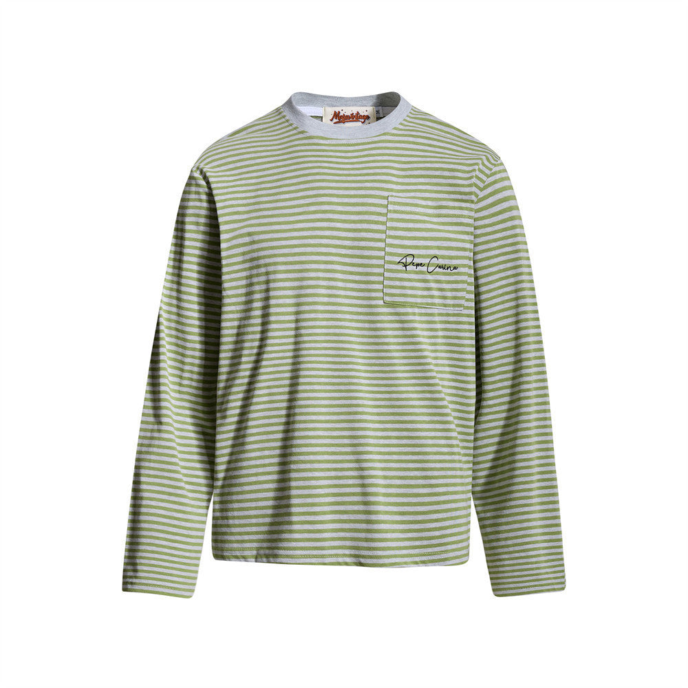 T-shirt homme à manches longues rayé avec poche – Coupe décontractée à col rond