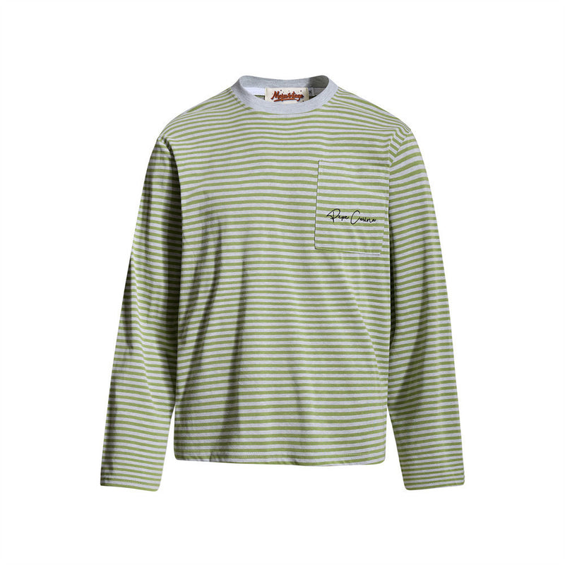 T-shirt homme à manches longues rayé avec poche – Coupe décontractée à col rond