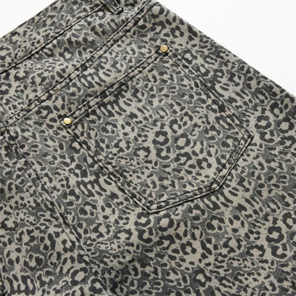 Leopard Print Wide-Leg Jeans – Vintage Washed Oversized Baggy Denim Pants