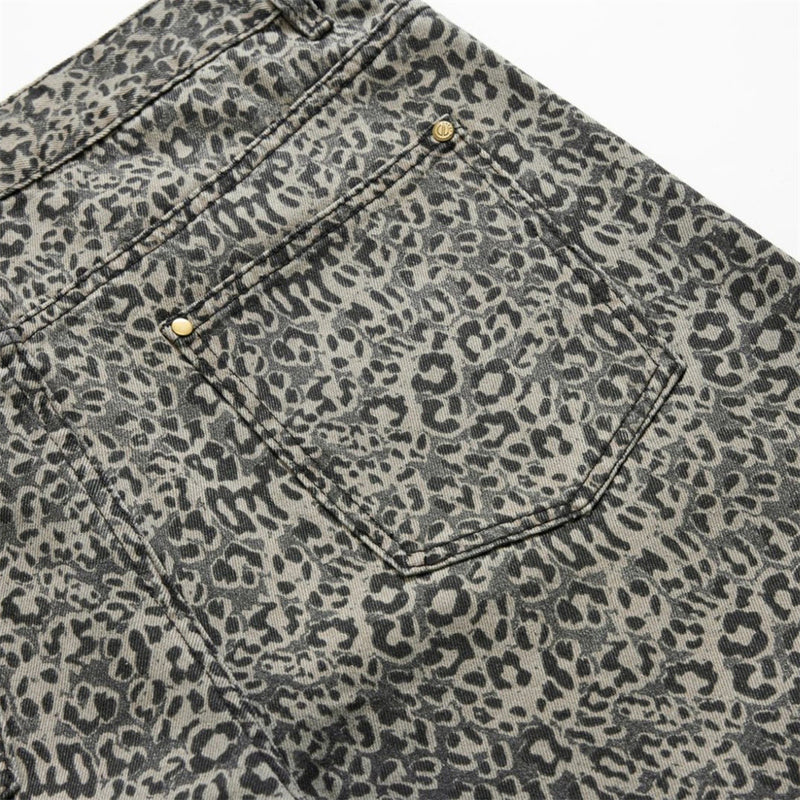 Leopard Print Wide-Leg Jeans – Vintage Washed Oversized Baggy Denim Pants