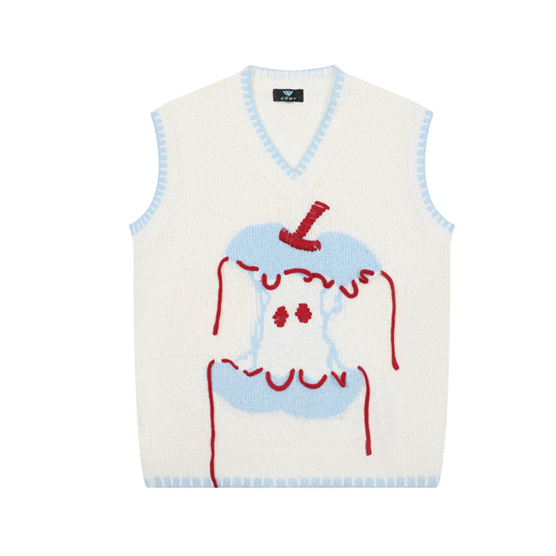 Cartoon Bear Knit Sweater Vest – V-Neck Jacquard Sleeveless Pullover