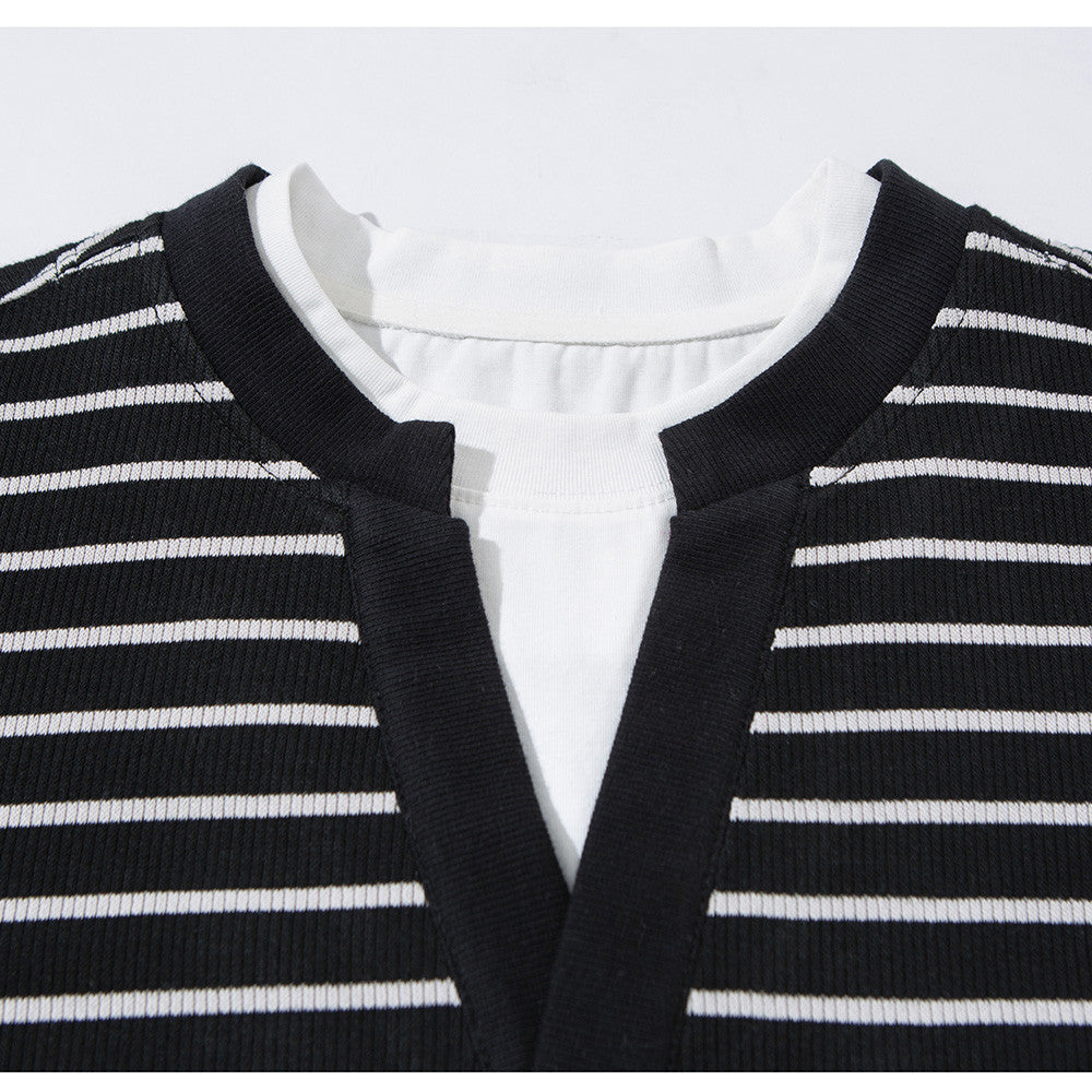 Striped V-Neck Long Sleeve Shirt – Men's Relaxed Fit Faux-Layered Top