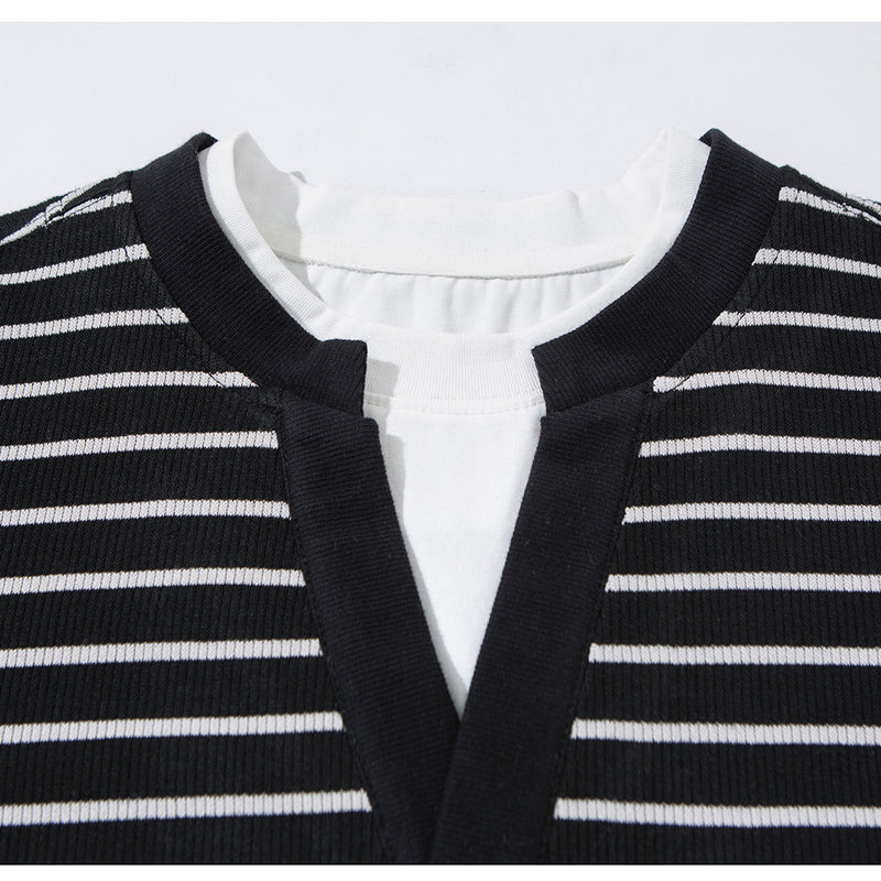 Striped V-Neck Long Sleeve Shirt – Men's Relaxed Fit Faux-Layered Top