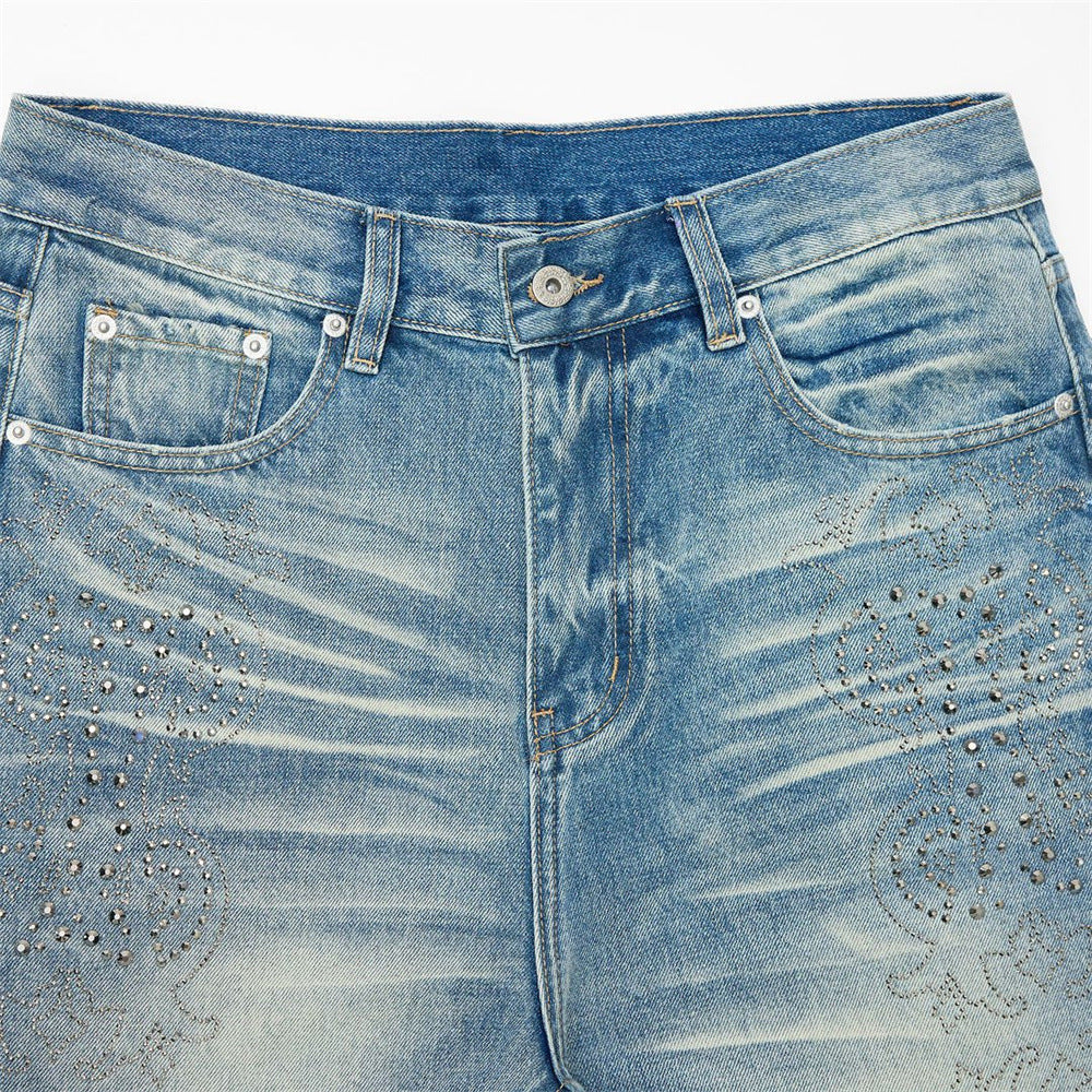 Jean vintage délavé à jambes larges pour homme avec motif cachemire en strass