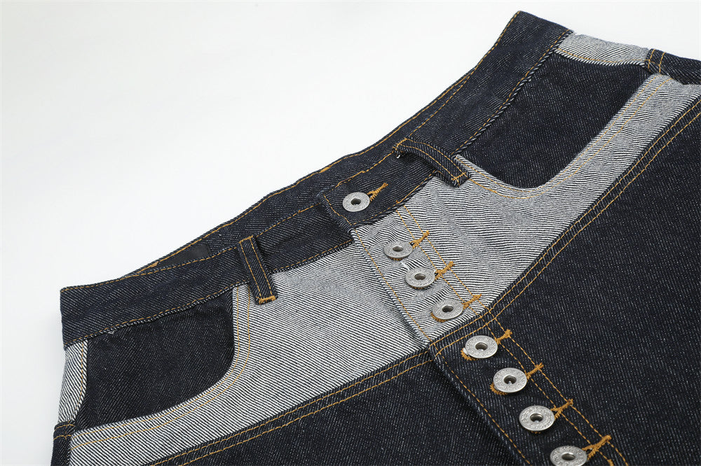 Men's Contrast Patchwork Denim Shorts Wide-Leg Button-Fly Bermuda