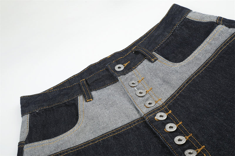 Men's Contrast Patchwork Denim Shorts Wide-Leg Button-Fly Bermuda