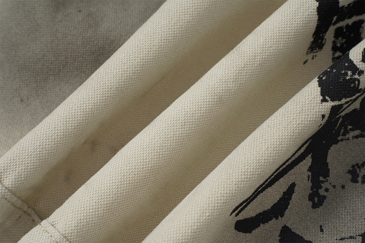 Veste zippée à imprimé graphique avec col en velours côtelé – Streetwear vintage délavé