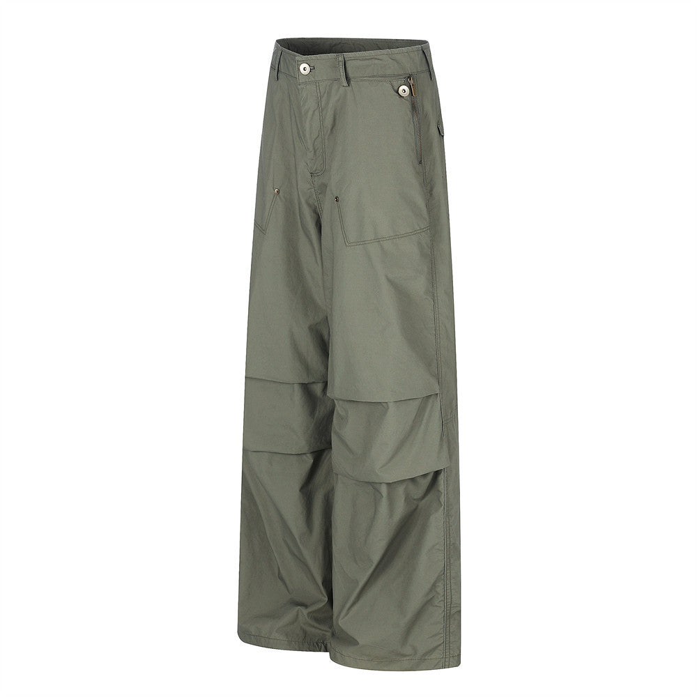 Wide-Leg Parachute Cargo Pants – Pleated Baggy Fit with Zip Pockets
