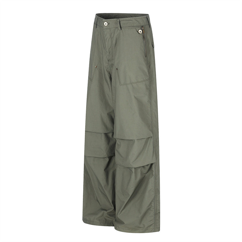 Wide-Leg Parachute Cargo Pants – Pleated Baggy Fit with Zip Pockets