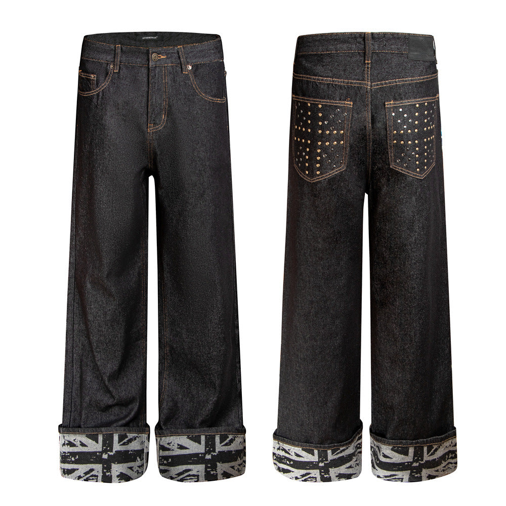 Men's Wide-Leg Raw Denim Jeans with Union Jack Rolled Cuffs & Studded Back