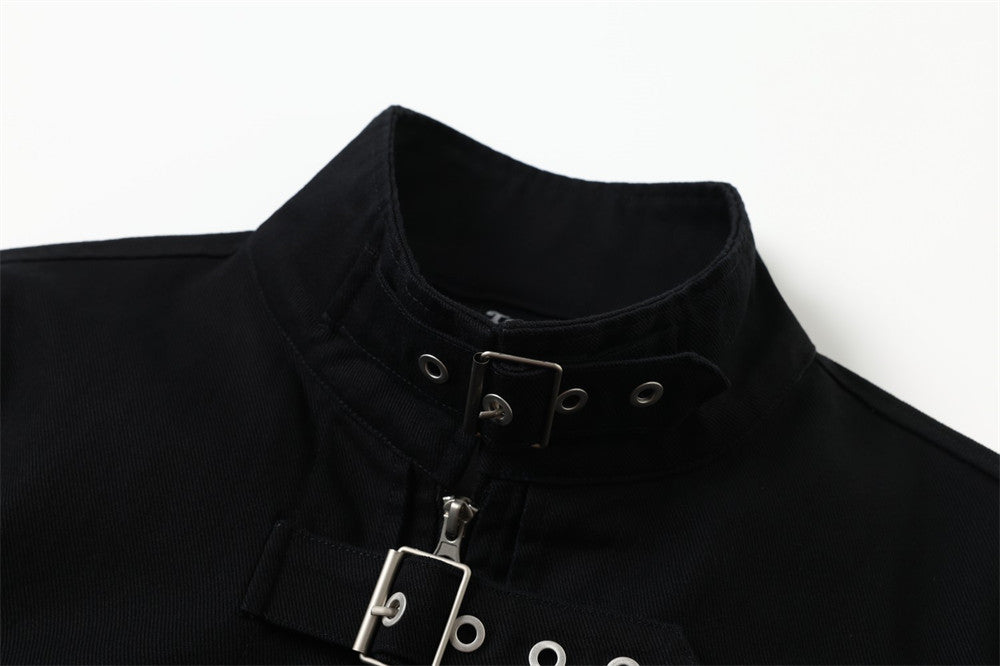 Chaqueta bomber corta para hombre con tiras de hebilla y cuello alto – Cazadora utilitaria con cremallera