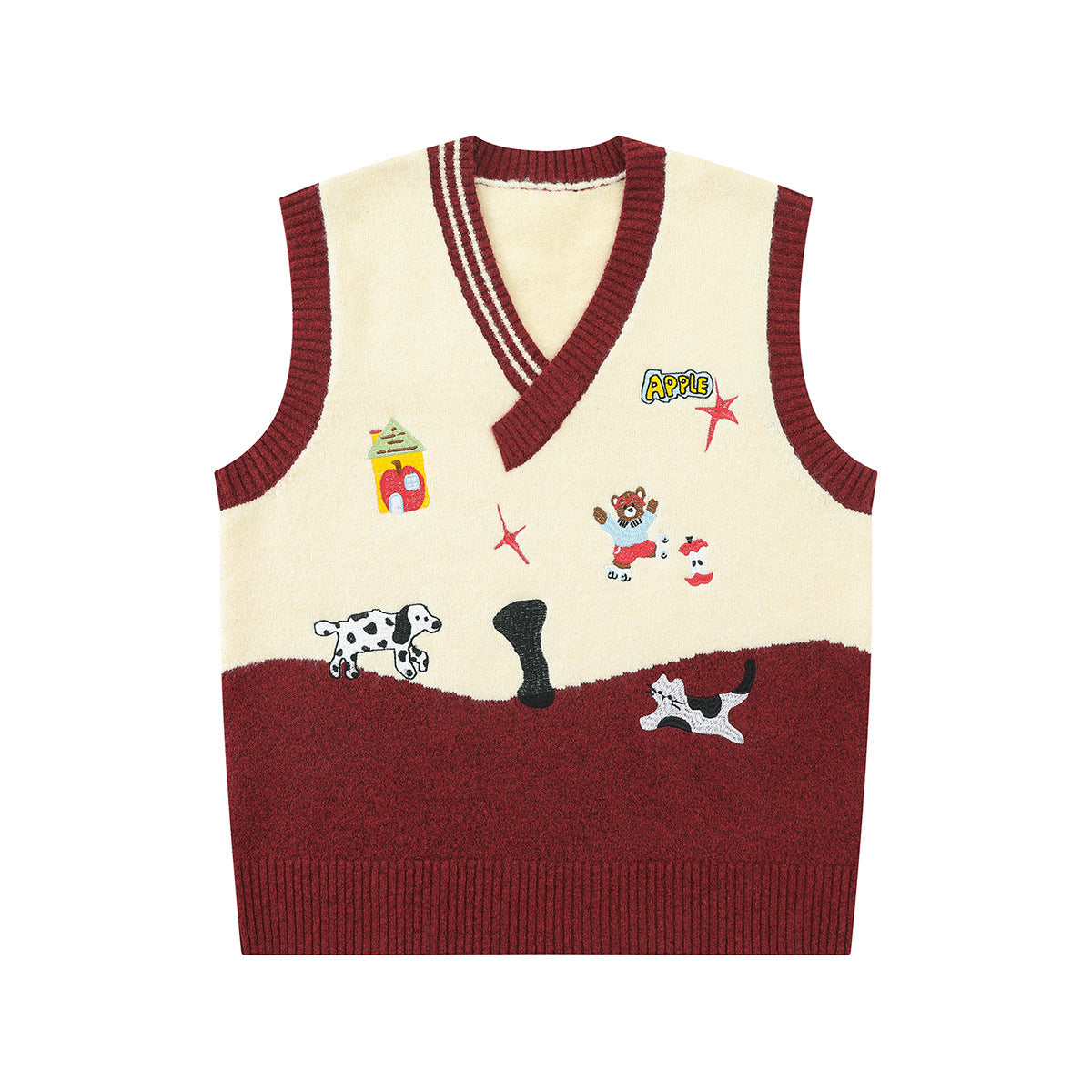Cartoon Embroidered Knit Sweater Vest – V-Neck Colorblock College Style