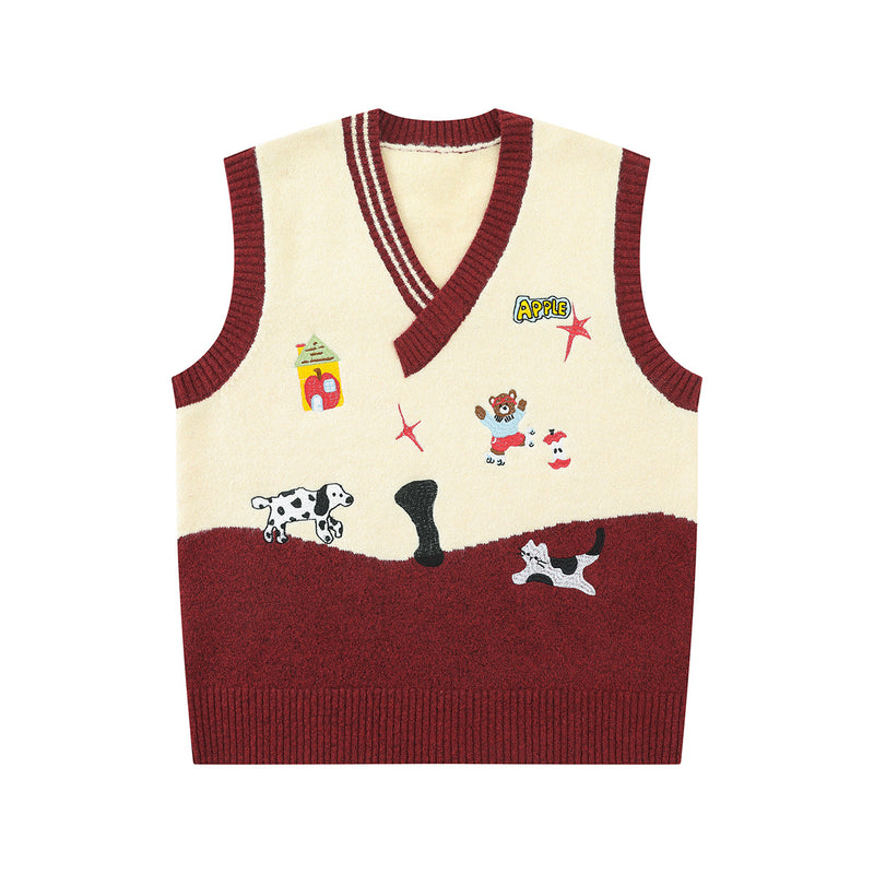 Cartoon Embroidered Knit Sweater Vest – V-Neck Colorblock College Style