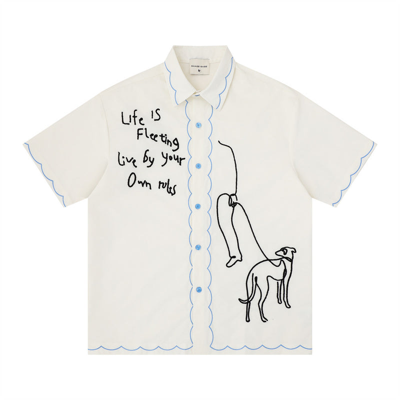 Oversized short sleeve shirt with greyhound and handwritten slogan embroidery in off-white, featuring blue scalloped contrast