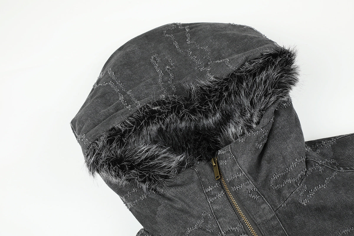 Camo Jacquard Padded Bomber Jacket with Faux Fur Hood
